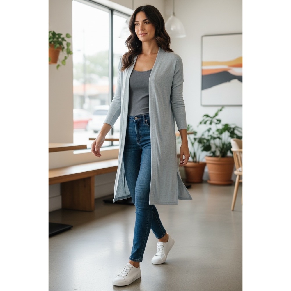 Eileen Fisher Size Medium Organic Linen Cotton Gray Long Open Face Knit‎ Jacket